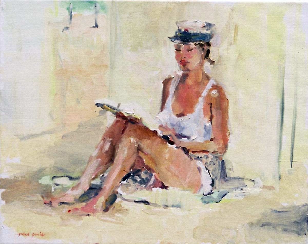"Lezende vrouw aan zee", olieverf/linnen, 40 x 50 cm