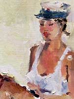 "Lezende vrouw aan zee", olieverf/linnen, 40 x 50 cm