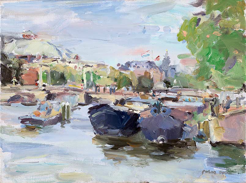 Twee boten voor Carre aan de Amstel - olie op linnen - 40 x 50 cm.