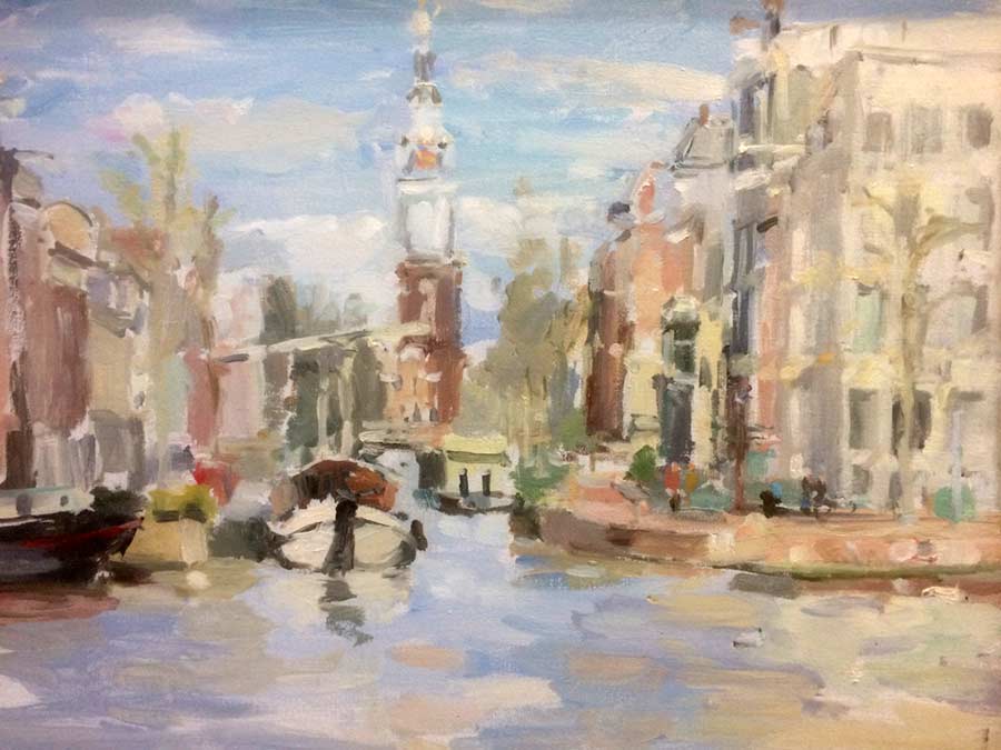 Zuiderkerk & Groenburgwal, winter - Amsterdam - olieverf op linnen - 40 x 50 cm