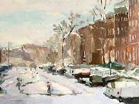 Sneeuwpret op de Herengracht, olieverf op linnen, 30 x 50 cm